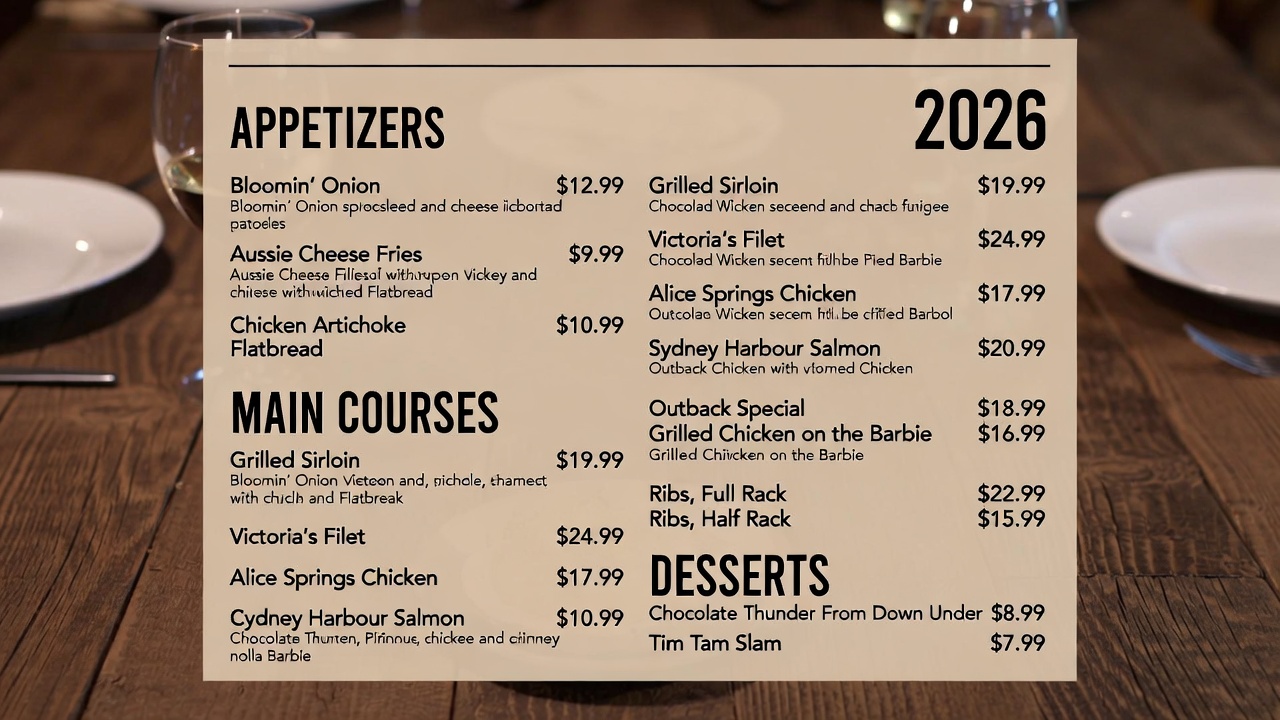 outback steakhouse menu with prices 2026 – full menu board at an Outback Steakhouse